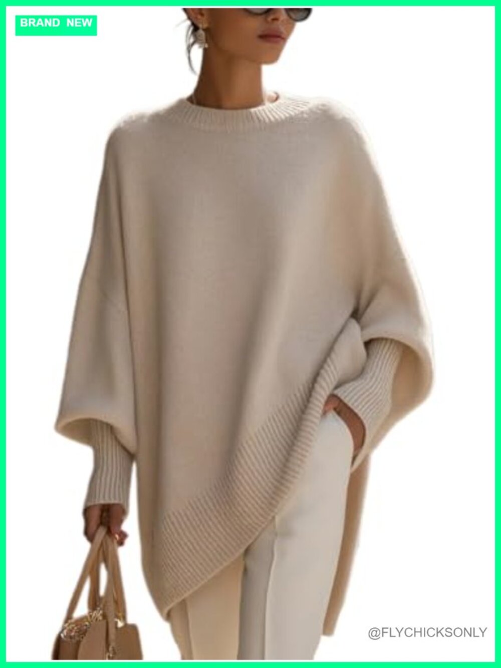 Oversized Batwing Sleeve Knit Tunic Sweater Crewneck Pullover